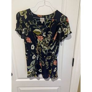 Como Vintage Black Floral Faux Wrap Blouse Elastic Back Ruffle sleeve